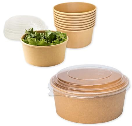 ECOPICNIC Ensaladeras Redondas de Papel Kraft con Tapa PP 50 unidades 1000 ml | Cuencos desechables de cartón kraft con tapa, ideales para ensaladas, sopas, aperitivos y alimentos para llevar