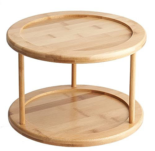 Organizador redondo de bambú para tocadiscos con 2 estantes, bandeja giratoria extraíble para estante de armario de cocina, bandeja giratoria extraíble