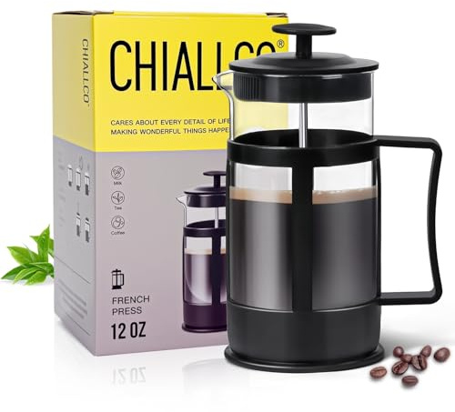 Chiallco Mini cafetera de prensa francesa, prensa de café clásica de borosilicato grueso resistente al calor, de acero inoxidable, 340.2 g, para cocina, viajes, camping, color negro