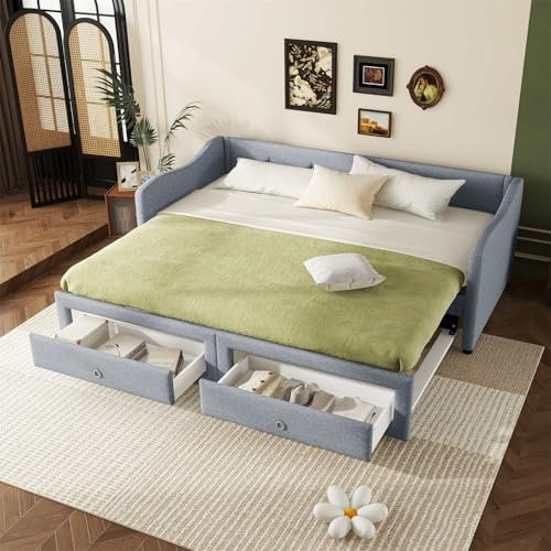 Sweiko Polsterbett, Klappbett, 90 x 200 cm (kann 180 x 200 cm werden), ausziehbares Design, Schlafsofa mit zwei Schubladen (ohne Matratze), Leinen + MDF, minimalistischer Stil, Grau