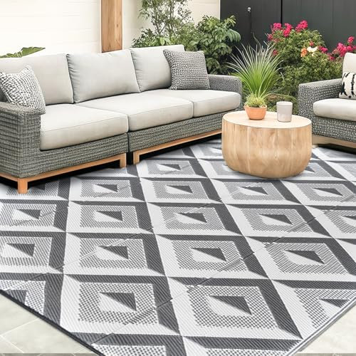 CHOSHOME Outdoor Teppich Wetterfest 180x270cm Wasserdicht Reversible UV-beständig, Kunststoff Garten Teppich für Terrasse Balkon Camping, Langlebig & Leichte Faltbare Matte Grau für Hof RV Garten