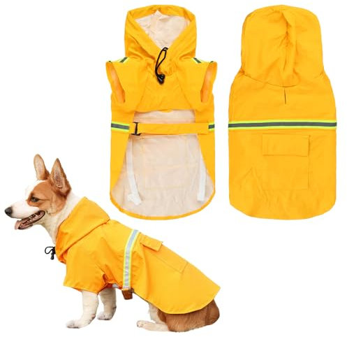 Amexo Hunderegenmantel mit Reflektierenden Streifen Wasserdichter Hundemantel mit Kapuze Verstellbare Regenjacke mit Kragenloch für Kleine Mittelgroße und Große Hunde (S)