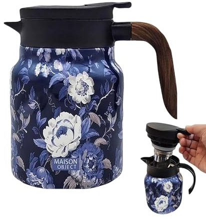 Tea Ther-mos with Infuser | 1000ml Ther-mos Teapot | Vintage Floral Pattern Tea Ther-mos | Tea Pot Infuser Bottle | Stainless Steel Thermal Carafe with Lid and Wooden Handle for Hot Drinks