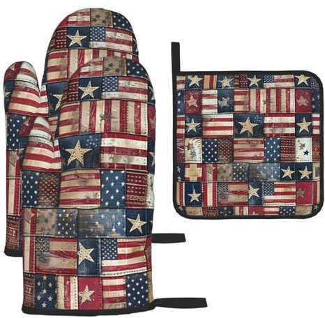 USA Flag Patchwork Printed Oven Mitts and Pot Holders Set of 3 Pcs Heat Resistant Non-Slip Oven Gloves and Potholders for Kitchen Cooking Baking Grilling