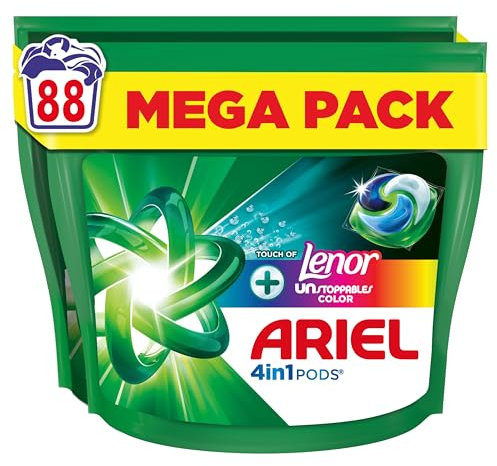 Ariel 4en1 PODS Touch Of Lenor Unstoppables Color, 88 Lavages, Lessive Capsules Liquide, 7 Jours de Fraîcheur Longue Durée, Protection Couleurs, Dissolution Rapide Même à Froid, Fabriquée en France
