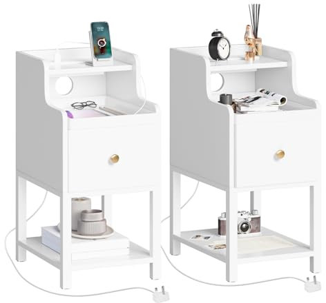 White Bedside Table Set of 2,Bedside Cabinet with Drawer and Charging Station,Removeable Tray,Narrow Side Table,Slim Small Night Stand Bedside Tables for Bedroom/Living Room,30x40x63cm
