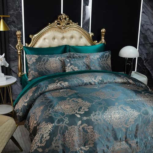Herside Luxury Jacquard Duvet Cover Set Super King Blackish Green Polyester Bedding Set Embroidery Neoclassical Floral Pattern 3Pcs Vintage Aesthetic Quilt Cover Girls Boys Royal Home Decor