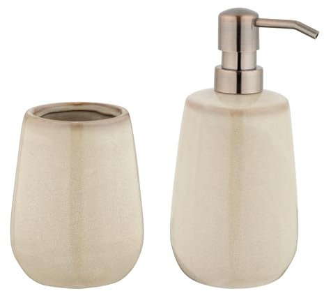 WENKO Seifenspender Mod. Sirmione freistehendes Bad-Accessoire Set aus Keramik beige mit Zahnputzbecher für Badezimmer Ø 8 x 17,5 cm 0,43 l