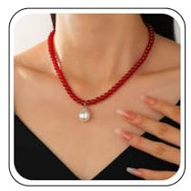 Inateannal Collana di girocollo in perline rossa Collana a ciondolo perla di lacrima perle rotonde di gemma Gioielli per le donne