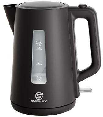 SUPERLEX Electric Kettle 1.7L Cordless Kettle Premium Plastic 3000W Fast Boiling Strix Controller Auto Shut Off Boil Dry Protection Water Window One Touch Lid for Hot Water Tea Coffee Black