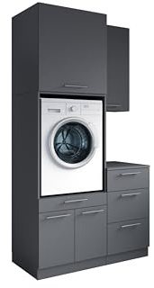 Laundreezy Waschraum Komplett-Set Anthrazit Modulares Schranksystem | 118 x 238 x 68 cm (B/H/T), für Hauswirtschaftsraum, Waschküche, Keller oder Bad, mit Softclose und höhenverstellbaren Füßen