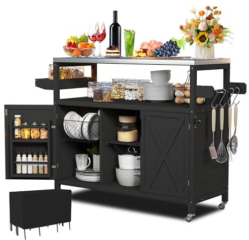 Mesa auxiliar con carrito para barbacoa, ideal para fiestas en el jardín o en el patio, mesa con carrito para barbacoa al aire libre con cubierta de acero inoxidable, mesa de isla de cocina portátil