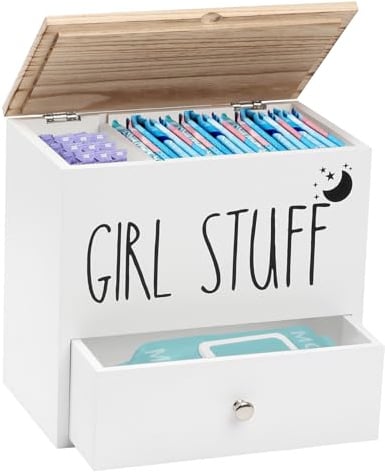 BigKing Sanitary Napkin Organizer with Drawer and Lid, Wooden Sanitary Napkin Box, 24 x 14.1 x 22.2 cm, Mobile Divider, Bathroom Sanitary Napkin Box, Female Organizer (White)