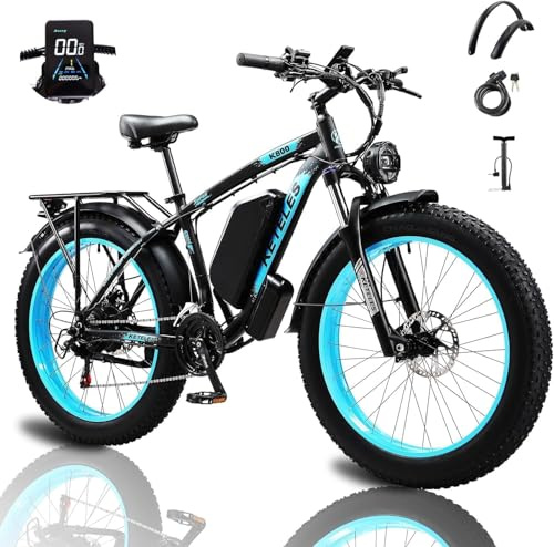 Electric Fat Tire Mountain Bike for Adults - 26 All-Terrain Anti-Slip Wheels with Removable 48V Battery & USB Charger | Quick-Release Seat, 70+ Miles Range, Includes Phone Mount