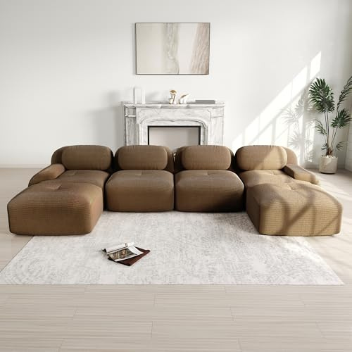 Ligterra Boneless Couch, Wohnlandschaft U Form, Modulares 4 Sitzer Sofa aus Cordstoff, mit 2 Ottomane, Ohne Montage & Rutschfester Unterseite, frei Kombinierbar, 388×178×75cm (Braun)