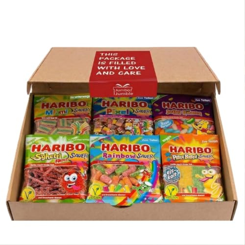 Jumbo Jumble Sauer & Regenbogen-Set 6er Pack – HARIBO Miami & Jelly Beans | Vegan, gelatinefrei, 6 Sorten: Pixel, Spaghetti Red & Rainbow, exklusiv von Jumbo Jumble zusammengestellt, HARIBO-Produkte