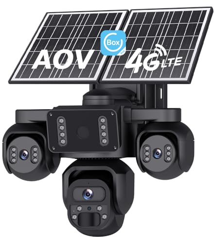 SHIWOJIA 24/7 Recording AOV 4G LTE Solar Security Camera Outdoor, Three-Lens, 360° PTZ 9MP Camera 4G, Wireless Battery CCTV With Motion Detection, Light Siren Instant APP Alert, IP66 Waterproof, Black