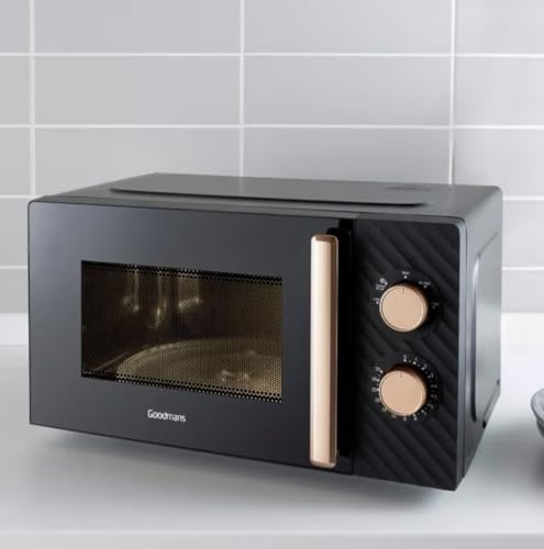 Goodmans Compact Microwave, Black and Rose Gold, 20L, 4 Power Settings, Defrost Function, 35-Minute Timer