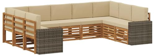 vidaXL Ecksofa Set mit Kissen 9 pcs Natur und Beige Polyester, Gartenmöbel, modernes Loungeset, strapazierfähiges Sofa im Freien, gemütliche Sitzgelegenheit für Terrasse und Garten