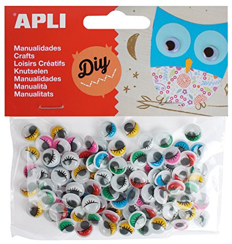 Apli 13265 - Sachet de 100 yeux mobiles ronds adhésifs avec paupières et cils - couleurs assorties - 10 mm - Loisirs créatifs
