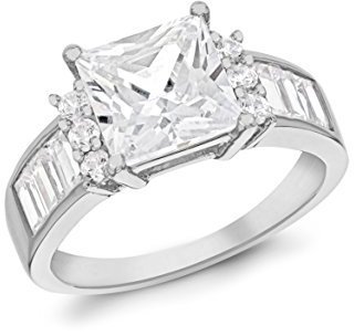 Tuscany Silver Damen Ring Rhodiniert Sterling Silber Quadratschliff und Baguette Cut Weiß Zirkonia - Größe P