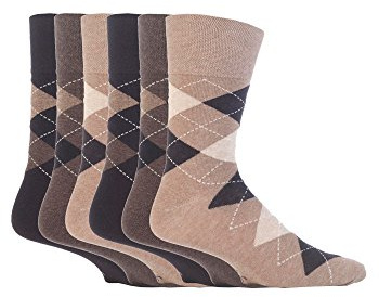 6 pairs Mens SockShop Cotton Gentle Grip Big Foot Socks, Size 12-14 uk 46-50 eur See Various (6 x RJ41 Argyle - Neutrals)