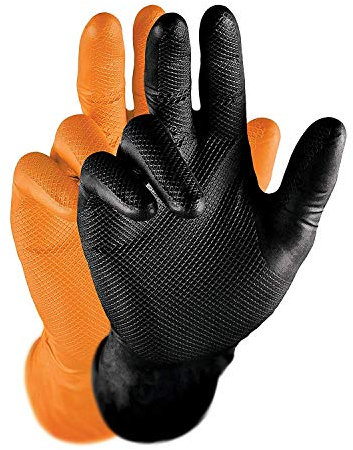 Grippaz Work-Inn Nitril-Handschuhe Schwarz (50 Stück) | Größe S - XXL | latexfreie Arbeitshandschuhe extrem robust & rutschfest | ohne Puder patentierte Schuppenprägung | Einweghandschuhe + hygienisch + puderfrei (XL, Orange)