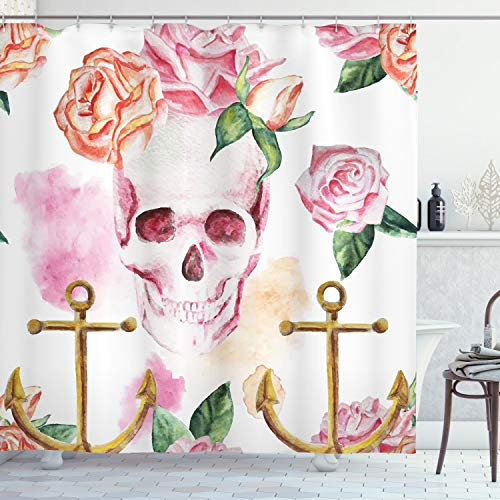 ABAKUHAUS Schädel Duschvorhang, Anchor Rosen Pfingstrose Kunst, Stoffliches Gewebe Badezimmerdekorationsset mit Haken, 175 x 220 cm, Grün Weiß Rosa