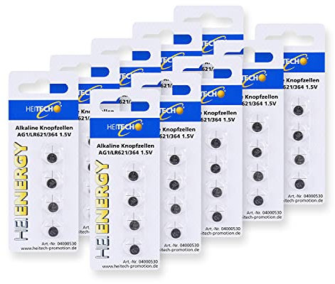 HEITECH 40er Pack AG1 Alkaline Knopfzellen Batterie 1,5V - LR60 / L621 / LR621 / SR60 / SR621 / SR621SW / 164/364 - Knopfbatterien auslaufsicher & mit Langer Haltbarkeit