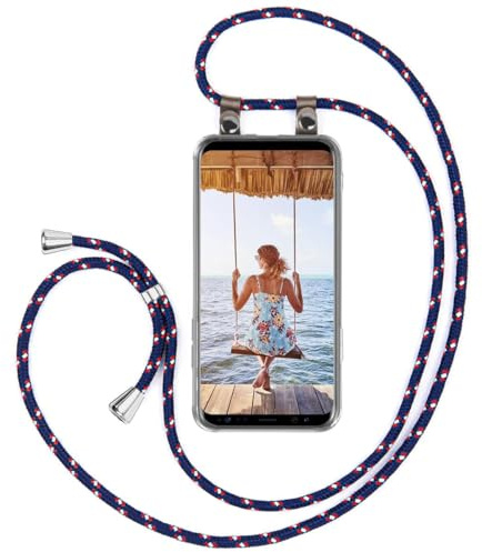 moex Handykette für Samsung Galaxy S8 Plus Hülle mit Band abnehmbar, Handyhülle mit Kette zum Umhängen, Handyband 155 cm lang Stoff Kordel Umhängehülle, Handy Umhängeband, Blau Rot