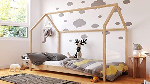 WFL GROUP Letto Montessori design a Casetta 90x200 80x180x160 - Letto a Capanna per Bambini - Per Bambini e Bambine - Legno di Pino naturale - 160 x 80 cm - Pino