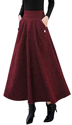 IDEALSANXUN Gonna lunga a trapezio da donna, a vita alta, in lana scozzese, autunno/inverno, vino, S