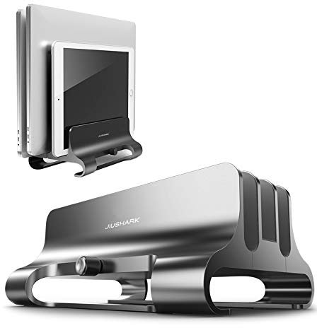 DolDer Aluminium Vertikaler Laptop Ständer, 3 Slot Platzsparender Verstellbarer Notebook Ständer Schreibtisch für iPad, MacBook & Laptops bis 17,3 Zoll (grau)