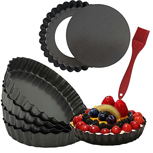 DATANYA Lot de 6 mini moules à tarte ronds antiadhésifs de 12,7 cm avec fond amovible, moules à tarte cannelés robustes pour tartettes, mousses, desserts