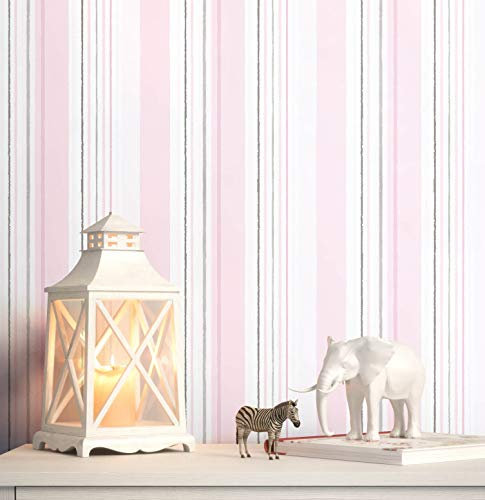 NEWROOM Tapete Rosa Papiertapete Streifen - Kindertapete Kinder Grau Weiß Linien Babytapete Grafisch Streifentapeten inkl. Tapezier-Ratgeber