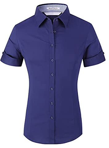 Alex Vando Womens Dress Shirts Wrinkle Free Solid Color Stretch Work Shirt, Ss Navy, S