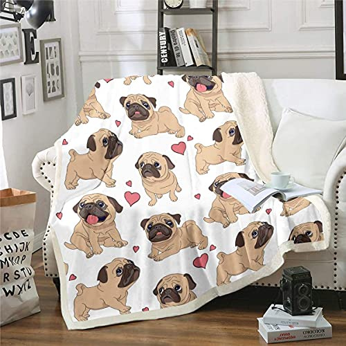 Loussiesd Hündchen Decke 130x150cm Karikatur Mops Hund Druck Kuscheldecke für Kinder Mädchen 3D Tier Thema Wohndecke Nette Mops Hund Flanell Fleecedecke