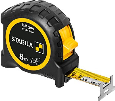 STABILA Mètre ruban BM 300, 8 m (26'), double face cm/inch, boîtier incassable PC/ABS crochet SPIKES acier gainé NYLON-WRAP clip ceinture, précision MID