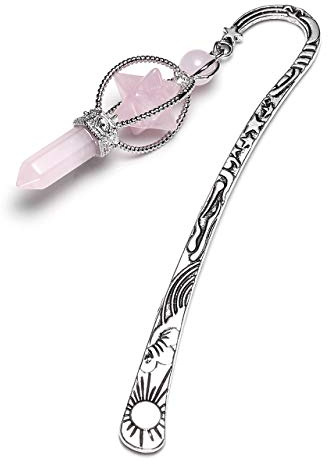 JSDDE Vintage Metal Bookmark Rose Quartz Crystal Gemstone Pendant Charm Book Marker Gifts for Women Teachers Readers