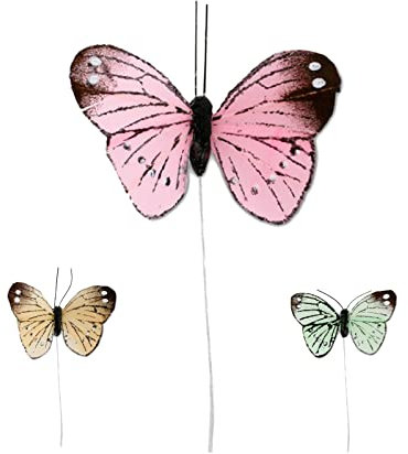 Steingässer Feder Deko-Schmetterlinge gemischt (12 Stück) 5 cm groß - mit Draht zum befestigen - Frühling Osterdeko (rosa)