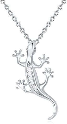 Skcess Halsketten für Frauen Lang, Ketten für Damen Silber Gecko Schmuck Silber Damen 925 Runden Zirkonia Halskette mit Anhänger Länge 45cm