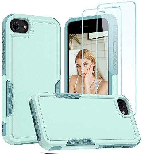 Jeylly for iPhone SE 2022 & SE 2020 Case with Tempered Glass Screen Protector [2 Pack], Heavy Duty Matte Hard Rugged Back Lightweight Soft TPU Shockproof Protective Case for iPhone SE/8/7, Mint Green