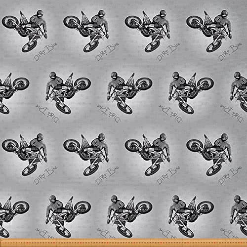 Motocross Fahrer Polsterstoff von The Yard Extreme Sports Thema RePolsterstoff für Stühle Dirt Bike Motorrad Zimmer Dekostoff für Draussen und Heimwerkerprojekte Grau Weiß 92x150cm