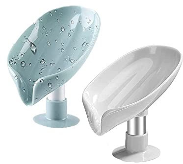 GYTFOG 2 Pcs Soap Dish with Drainage, Soap Dish, Soap Dishes for Bathroom, Kitchen and Counter Top, Hand Soap Holder,Leaf Shape Soap Tray, Easy Cleaning Suctions Soap Dish Holder (Blue/gray, Random)