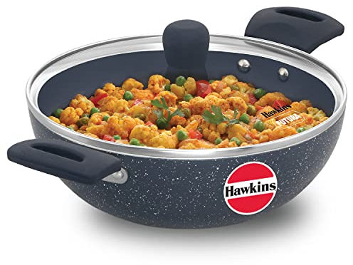 Hawkins Ceramic Nonstick 2.5 Litre Deep Kadhai, Induction Deep Fry Pan with Glass Lid, Granite Kadai (ICK25G)