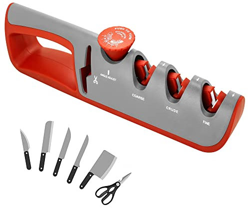 4 in 1 Knife Sharpener, Professional Sharpening 6 Step Adjustable Angle Guide Knife Sharpers Tool with Scissor for Chef's Kitchen Knives and Scissors Grey