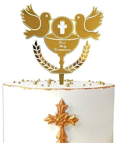KIPETTO Pigeon Cross Cake Topper Acrylic Peace Dove Cross Gold Topper for First Communion Minimalist Baptism Birthday Party Cake Decoration