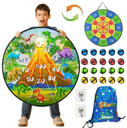 Akosuntoys 29 Inches Kids Dart Board Set,Double Sided Dart Board Indoor & Outdoor Party Games Toys Gifts for 3-12 Year Old Boys Girls Toys age 3-12 (dinosaurs)