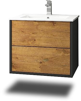Stil.Zeit Evelia Badmöbel inkl. Waschbecken | Waschtisch mit Unterschrank 60.5 cm | Anthrazit/Dekor Eiche Rustikal| Push-to-Open/hängend