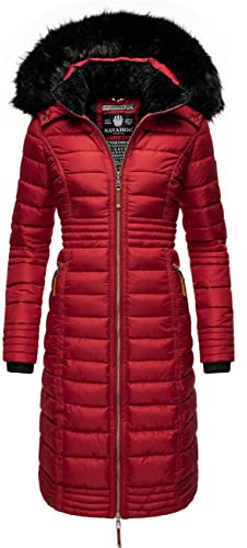 Navahoo Damen Wintermantel Warmer Steppmantel lang mit Kapuze Umay Dark Red Gr. M